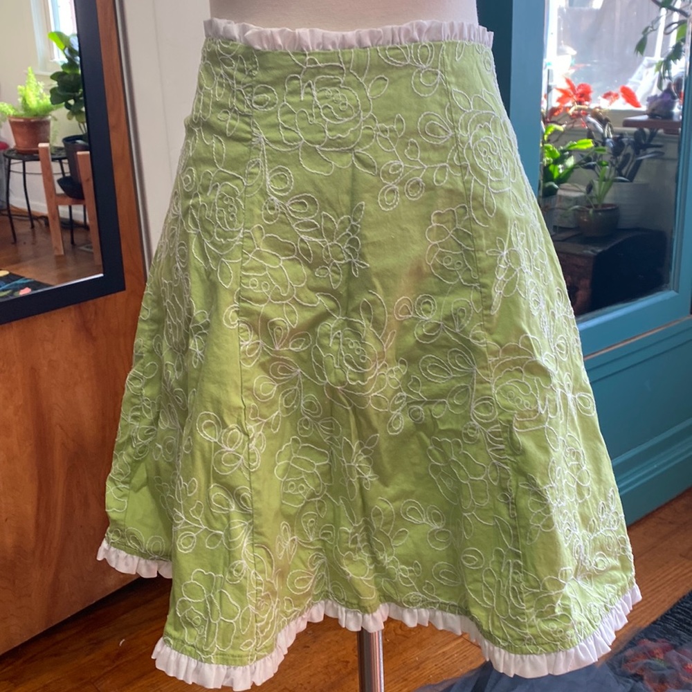 Green and white embroidered skater skirt